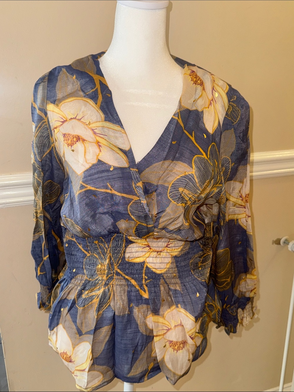 Navy Floral Wrap Peplum Blouse